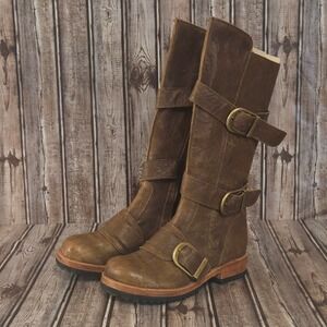 Sz 8 Womens Gee Wawa Jim Barnier Brown Leather Tall Moto Boots Buckle Straps